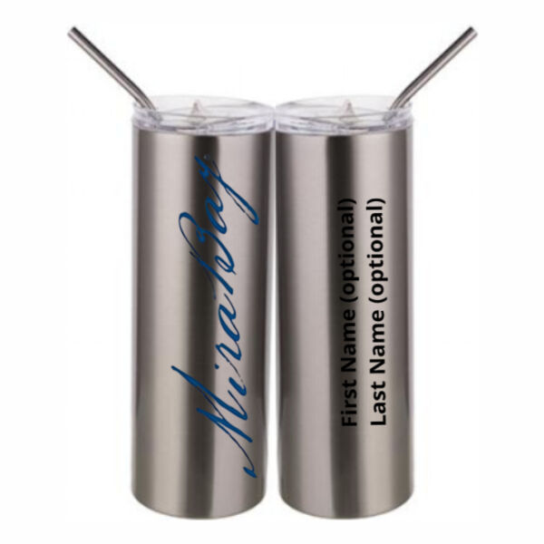 Mira Bay Personalized  - 20 oz Stainless Silver Skinny Tumbler with Stainless Straw and Lid Thumbnail